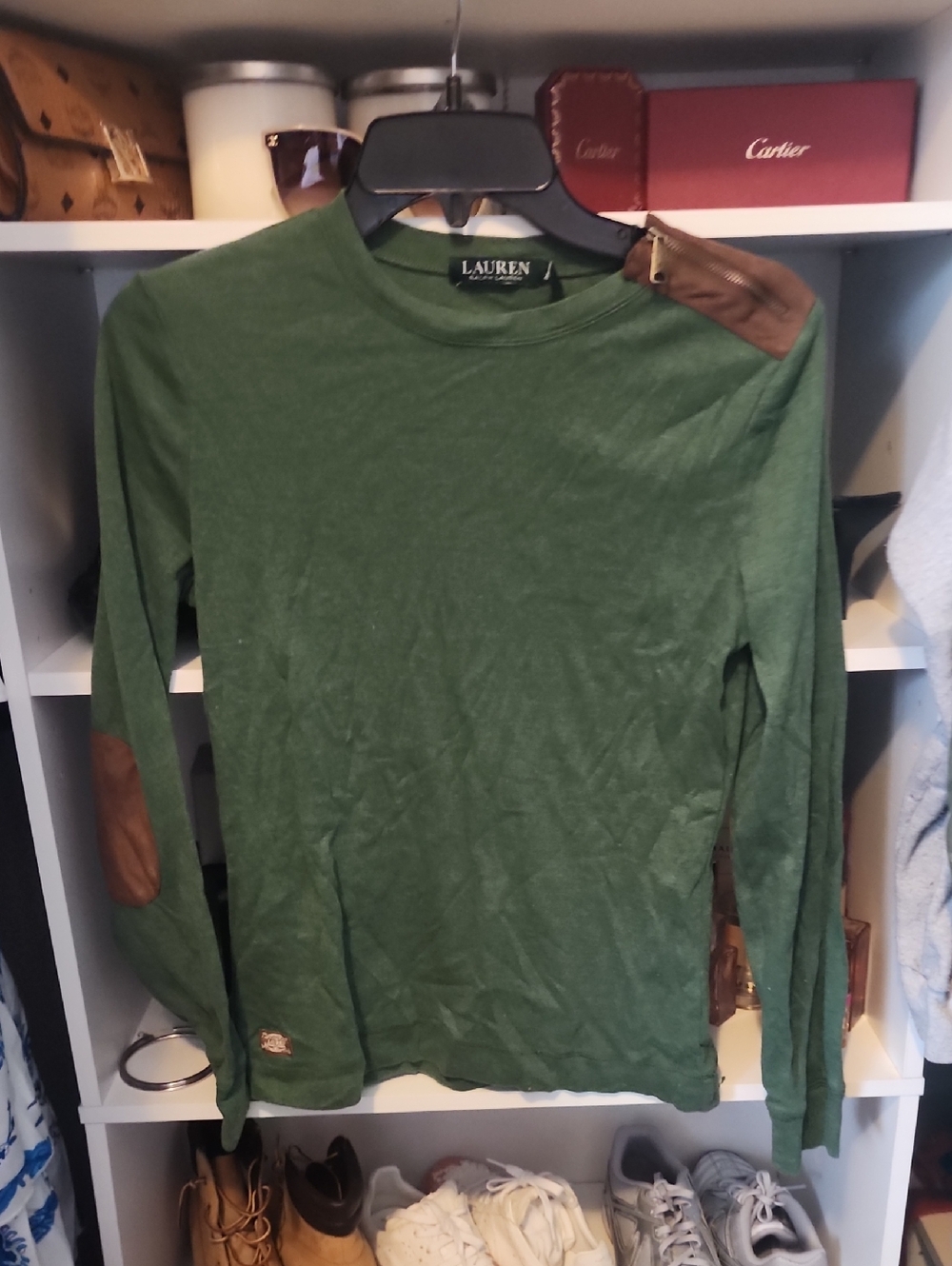 Lauren Ralph Lauren Green Long-Sleeve Crewneck Shirt with Elbow Patches